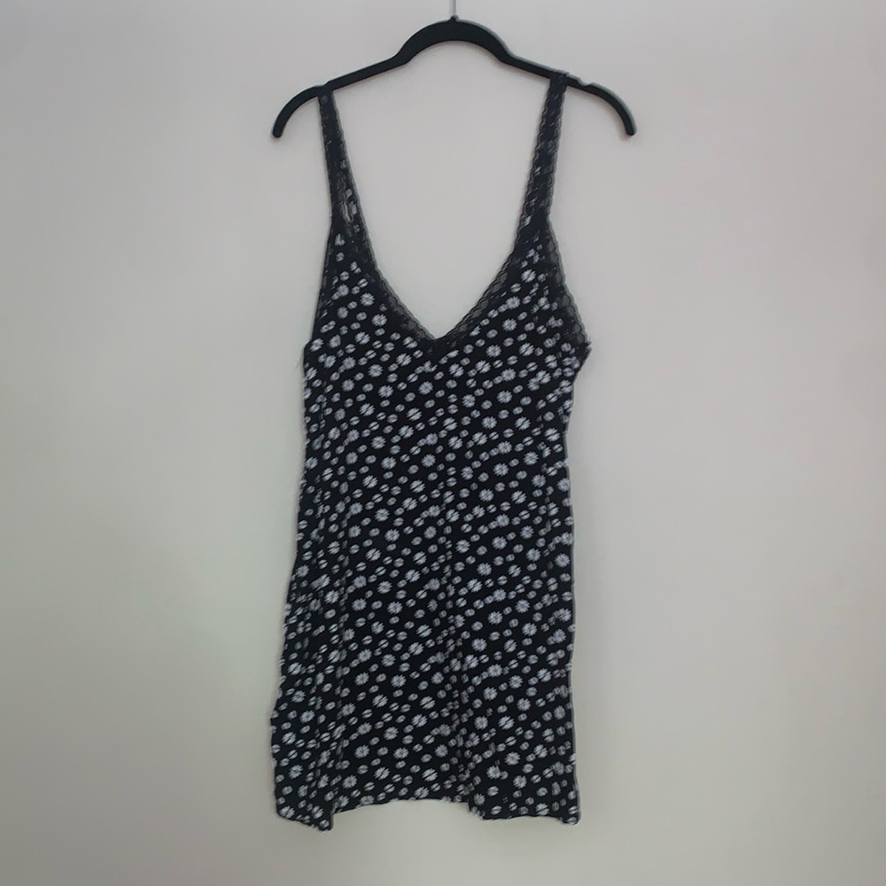 Nasty Gal Black and White Floral Mini Dress with Lace Neckline - Medium